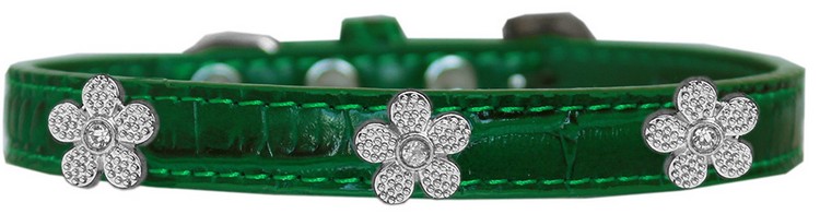 Silver Flower Widget Croc Dog Collar Emerald Green Size 12